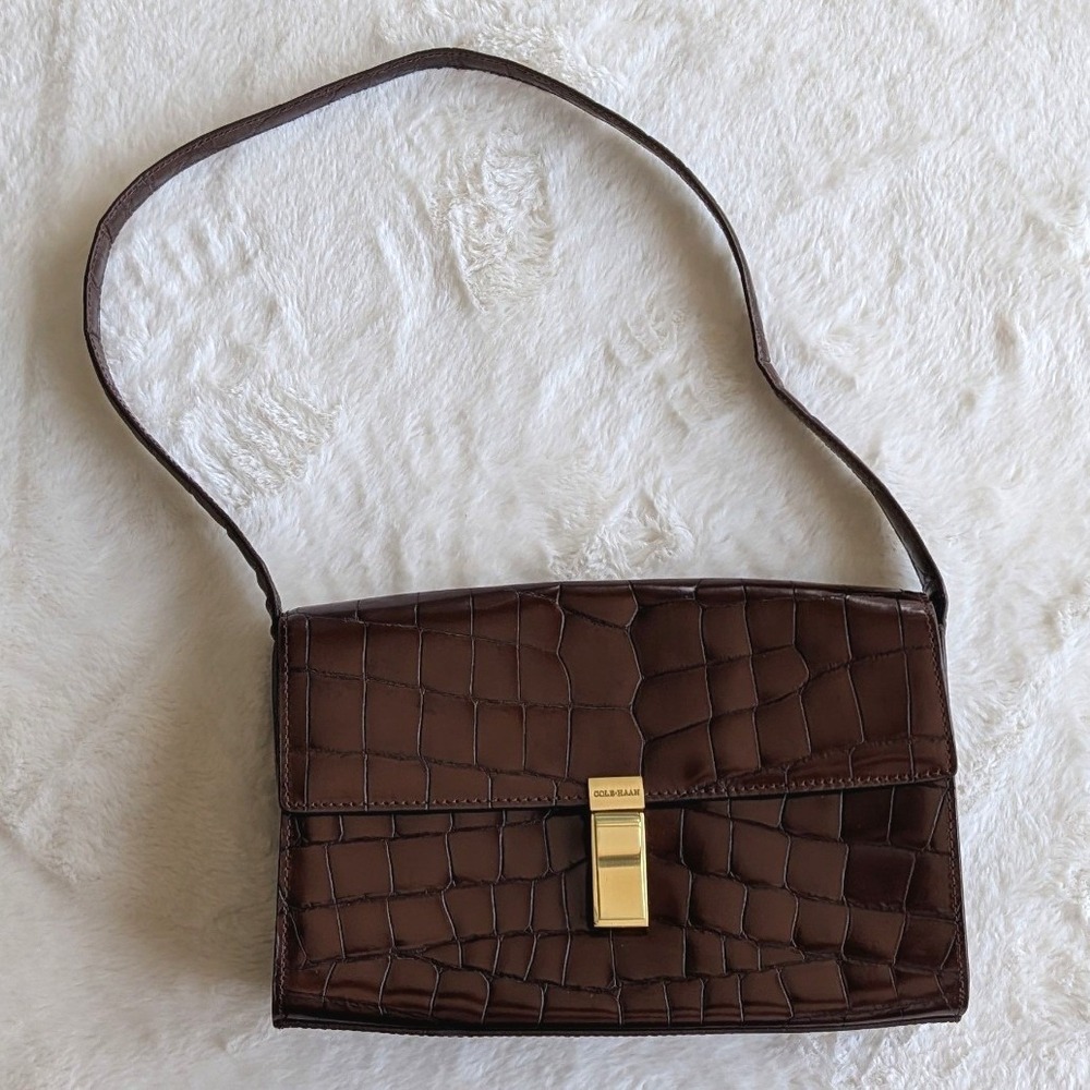 Cole Haan Brown Croc Embossed Leather Shoulder Bag Gold Tone